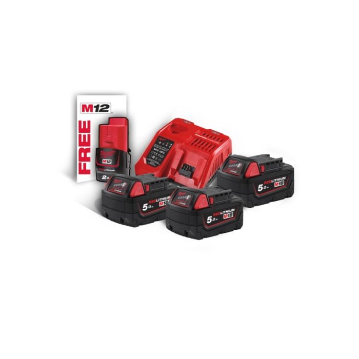 Foto von Milwaukee 18V Akku Starter-Set 18 Volt bestehend aus: 3 Akkus 18V/ 5,0 Ah und Ladegerät Foto von Milwaukee 18V Akku Starter-Set 18 Volt bestehend aus: 3 Akkus 18V/ 5,0 Ah und Ladegerät