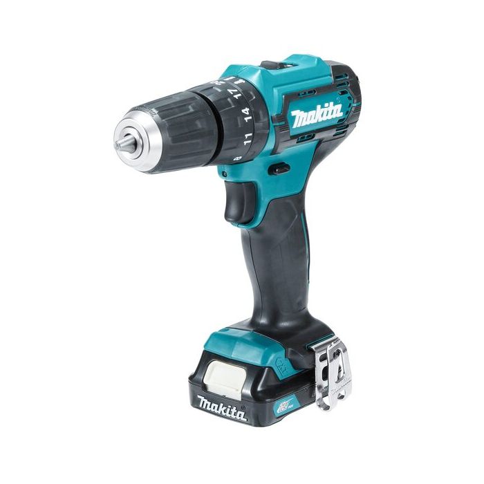Foto von Makita Akku-Schlagbohrschrauber HP333DSAW weiss 12 Volt, mit 1xAkku 2,0 Ah, Ladegerät Foto von Makita Akku-Schlagbohrschrauber HP333DSAW weiss 12 Volt, mit 1xAkku 2,0 Ah, Ladegerät